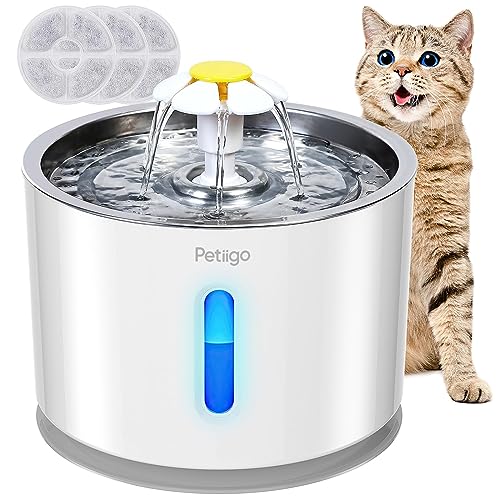 Petiigo Cat Water Fountain, Stainless Steel Fountain 2.4 L Pet Dog Dispenser for Cats Dogs with LED Indicator Light & 3 Activated Carbon Filters - White