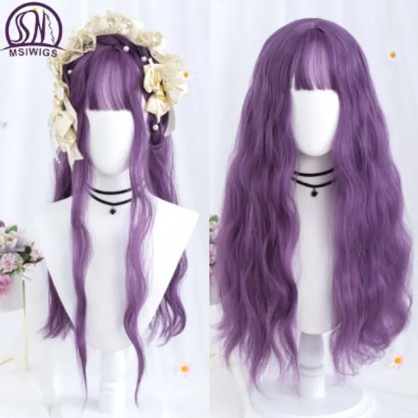 15.28US $ 36% OFF|MSIWIGS Long Natural Wavy Purple Cosplay Harajuku Synthetic Wigs With Bangs for Women's Heat Resistant Hairpiece| |   - AliExpress