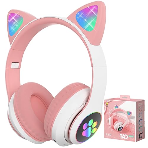 Lirunshe Headphones with LED Light Up, Cat Ears Bluetooth Headphone for Girls, Over-Ear Adjustable Stereo Headsets with Microphone for Kids Girls Women - Pink