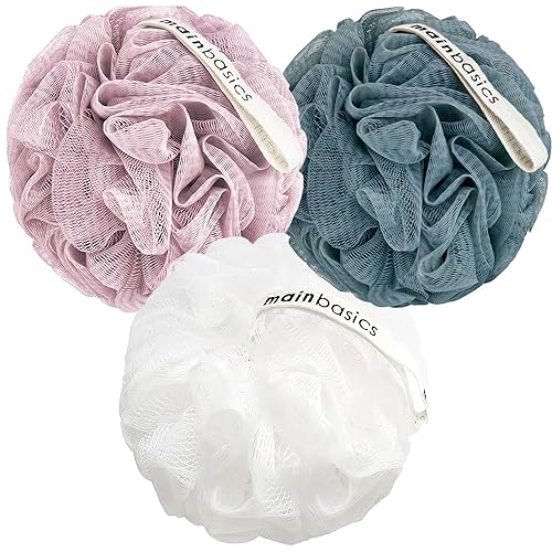 MainBasics Bath Shower Loofah Sponge Pouf Body Scrubber Exfoliator Body Wash Sponge (Set of 3, Airy Blossom) - Airy Blossom