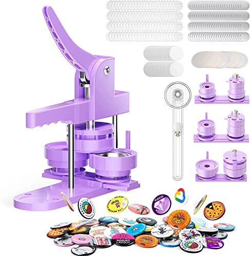 300pcs Button Pin Maker Machine Multiple Sizes 1''+1.25''+2.25'' Badge Button Press Machine with Button Parts&Circle Cutter&Picture (Purple) - Purple
