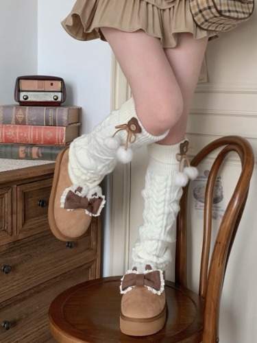 [$47.70]Stockings Design Bow at Top Brown Platform Boots