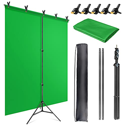 JEBUTU 5X6.5ft Green Screen Backdrop Kit with T-Shape Stand, Portable Green Screen Background Support Stand Kit with Carrying Bag & Clamps for Streaming, Video, Zoom - 5 x 6.5 Ft - Green