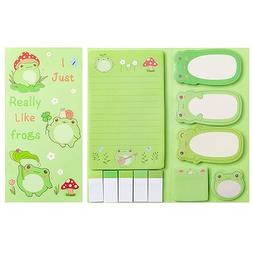 Xqumoi I Just Really Like Frogs Sticky Notes Set, 550 Sheets, Cute Cartoon Frogs Self-Stick Notes Pads Animal Divider Tabs Bundle Writing Memo Pads Back to School Office Supplies Small Gift - Frog