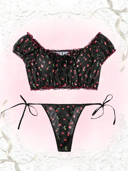 Kawaii Plus Cherry Print Mesh Lingerie Set