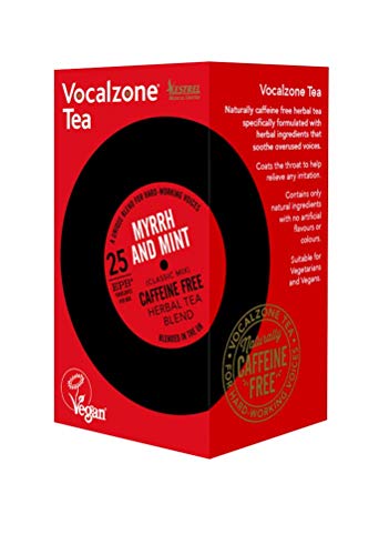 Vocalzone Tea for throat & voice care - Myrrh & Mint. Caffeine free herbal tea formulated blend. 25 tea bags. Contains Liquorice, Slippery Elm, Marshmallow, Fennel & Holy Basil