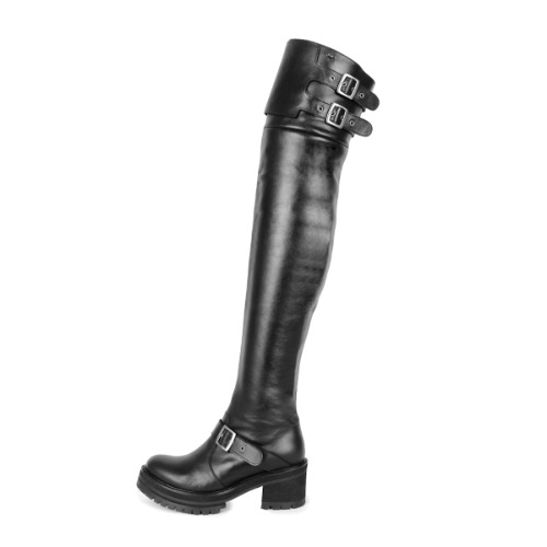 Flache Overkneestiefel mit Monk Strap (Modell 770) Leder schwarz | 36 / Auf Maß