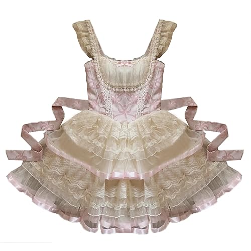 KUFEIUP Women's Sweet Lolita Skirt Strappy Ruffled Princess Dress Petite Size - Small-Large - Pink