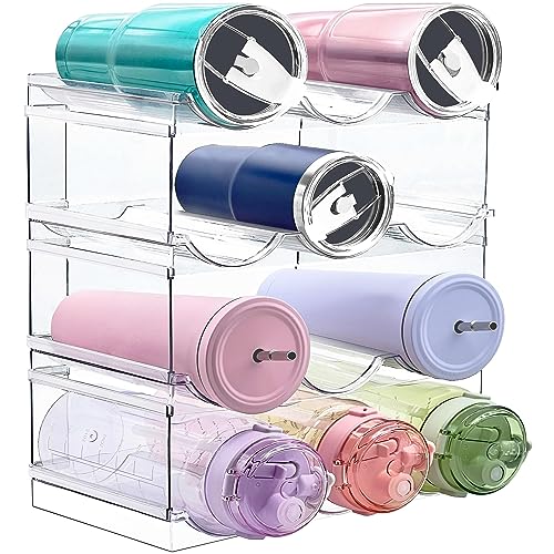 [ Large Compartment ] 4 Pack Water Bottle Organizer, Stackable Kitchen Organization and Storage Rack, Plastic Water Bottle Holder for Fridge Pantry Kitchen Cabinet Organizer, Tumbler Mug Cup Organizer - 12-bottle - 4.3 Inches
