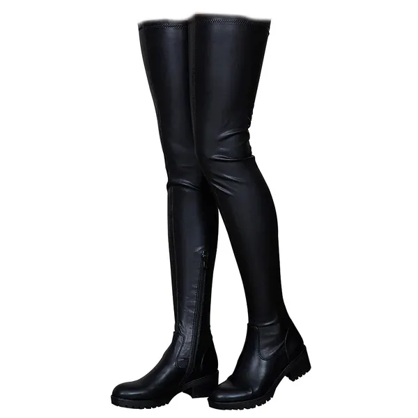 Womens Thigh High Boots, Round Toe Low Chunky Heel Flat Slip On Sexy PU Leather Surgical Stretch Riding Over the Knee High Boots - 7 1black(no Fur)