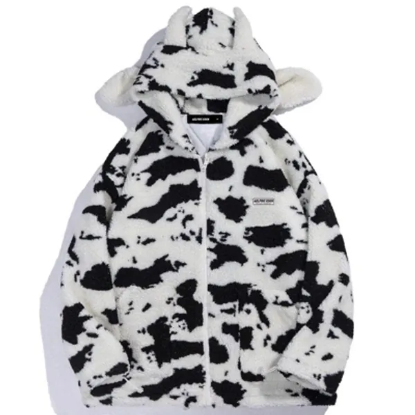 Aelfric Eden Cow Pattern Zip Up Sherpa Winter Coat