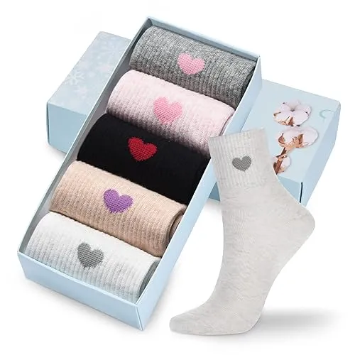 Corlap Women's Cute Cotton Crew Athletic Running Socks - Ankle High, Novelty Fun Heart Design 5-Pairs (Gift Box) - 5 Pairs Quotidian Colors