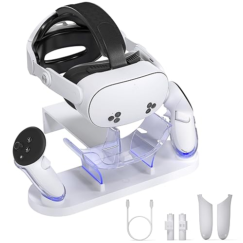 Kuject Charging Dock for Quest 3 & Quest 3s, Fast Charging Station with Head Strap Support Bracket for VR Headset and Controllers, Charging Stand Accessories with 2 Rechargeable Batteries
