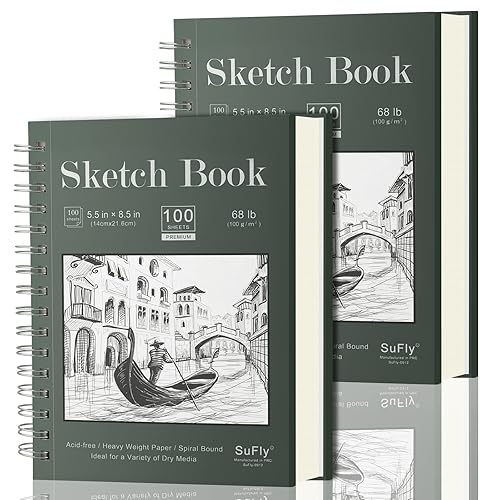 Sketch Book 5.5 X 8.5, Spiral Sketchbook Pack of 2, SuFly 200 Sheets (68 lb/100gsm) Acid Free Sketch Pads for Drawing for Adults Spiral Bound with Hard Cover for Kids & Adults, 100 Sheets Each - 5.5-x-8.5-inch:2 Pack