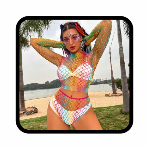 Eyret Rainbow Fishnet Bodystockings Mesh Fishnet Bodysuit Elastic Fishnet Lingerie Rave Party Bodysuit for Women and Girls - B-set 1