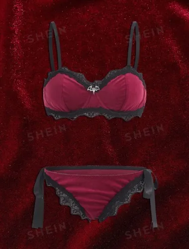 ROMWE Goth Contrast Lace Velvet Lingerie Set