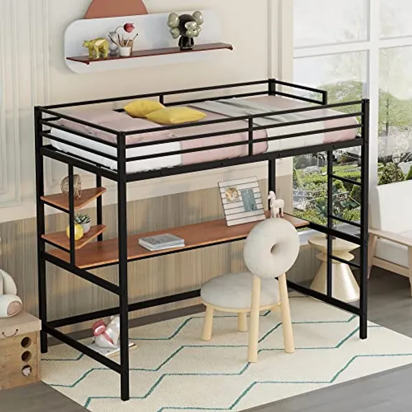 BOVZA Twin Size Metal Loft Bed with Desk and Two Shelves, Space-Saving, for Kids Teens Adults, Black