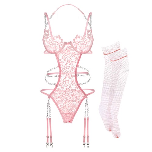 Women Lingerie Set Floral Lace Teddy Strap Chain Babydoll Bodysuit Bra and Panty Set with Garter Belts - pink Small