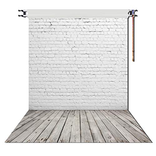 HUAYI 5X7ft White Brick Wall with Gray Wooden Floor Photography Vinyl Backdrop D-2504 - 5x7ft(150x220cm)