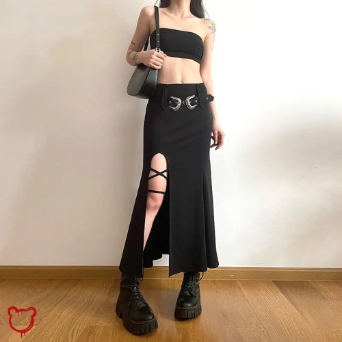 Black Belted Lace-Up Skirt - Black / L