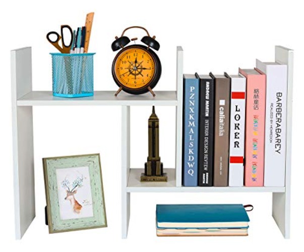 PAG Adjustable Desktop Shelf Wood Small Bookshelf Desk Supplies Organizers and Accessories Storage Display Rack Office Decor, White - White - Style 3