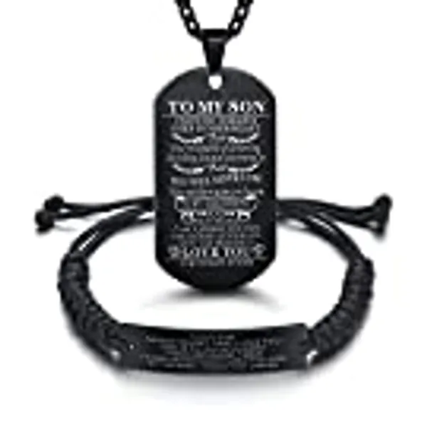 Butishop Son Gift Personalized Braided Bracelet from Mom and Dad with Dog Tag Necklace You Will Never Lose Birthday Graduation Valentines Gifts Black Stainless Steel
