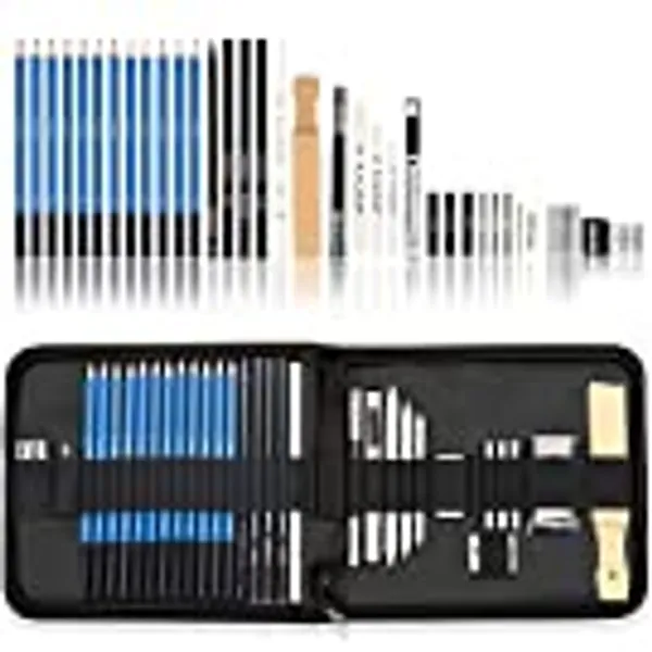 KALOUR 33 Pieces Pro Drawing Kit Sketching Pencils Set,Portable Zippered Travel Case-Charcoal Pencils, Sketch Pencils, Charcoal Stick,Sharpener,Eraser.Art Supplies for Artists Beginner Adults Teens