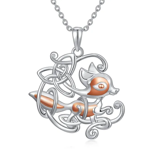 PELOVNY Sterling Silver Fox Necklace for Women Irish Celtic Knot Crescent Moon Pendant Necklace Jewelry Gifts for Women Girls Wife