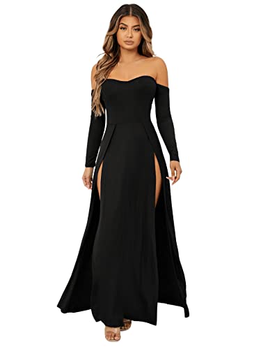 SweatyRocks Women's Elegant Off Shoulder Double High Slit Long Sleeve Dress A Line Maxi Dresses - Large - Black