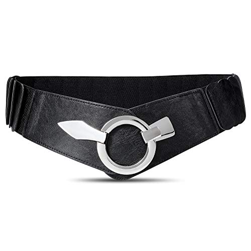 WHIPPY Women Wide Elastic Waist Belt Stretch Waist Belt Fashion Retro Leather Waistband for Dresses, Cosplay Belt - D-black - Fit Waist 33-39 Inches