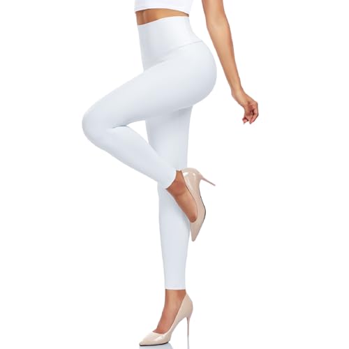 MOREFEEL Faux Leather Leggings for Women Fleece Lined Tummy Control Stretch High Waisted Workout Pleather Pants Reg&Plus Size - Medium - 03-white