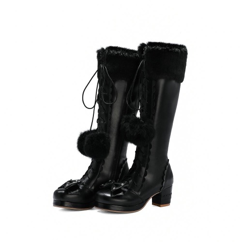 Lolita Bow Fur Knee High Boots - Black / 10