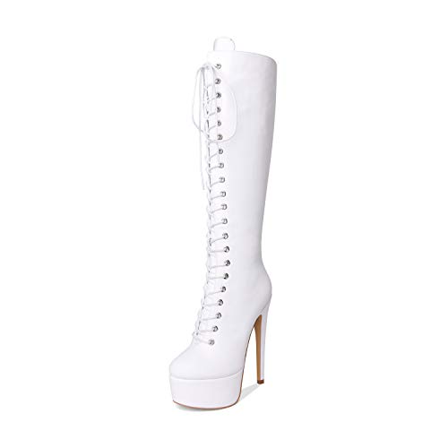 Richealnana Women's Platform Lace Up Stiletto High Heels Knee High Boots - 10 - White