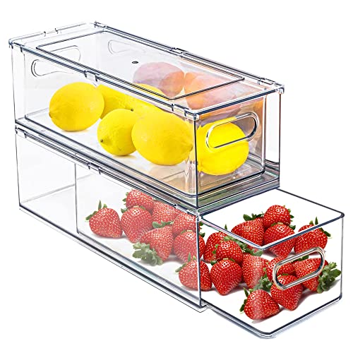 bealy 2 Packs Refrigerator Organizer Bins with Pull-out Drawer,Stackable Fridge Organizers and Storage Clear with Handle,Kitchen Storage Containers Sets for Freezer, Cabinet, Pantry Organization - Drawer Set(2 Small)