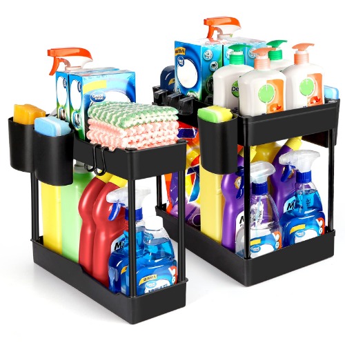 2 Pack Under Sink Organizer- 2 Stackable Rack Organizer Tier Bathroom Under the Sink Organizers Multi-Usage Kitchen Cabinet Organizers and Storage Bath Shelf Baskets w 4 Hanging Cup and 5 Hooks, Black - 