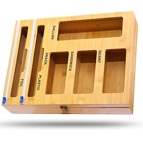 STORIU Ziplock Bag Storage Organizer and Wrap Dispenser with Cutter，Bamboo Baggie Organizer and Wrap Holder for Kitchen Drawer Gallon, Quart, Sandwich & Snack Variety Size Bag
