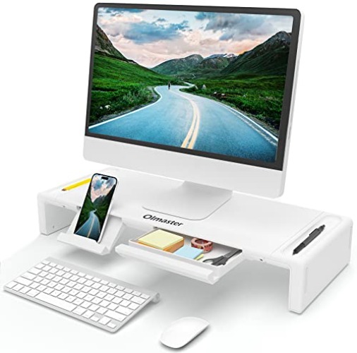 OImaster Monitor Stand Riser, Foldable Computer Monitor Riser, Adjustable Height Computer Stand and Storage Drawer & Pen Slot, Phone Stand Compatible Computer, Desktop, Laptop, Save Space (White) - White