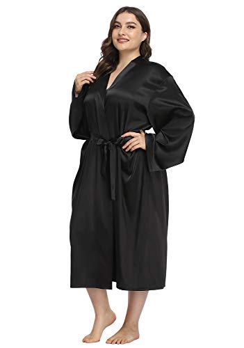 iFigure Women's Plus Size Satin Robe Long Bathrobes Dressing Gown Soft Sleepwear - 4X - Black