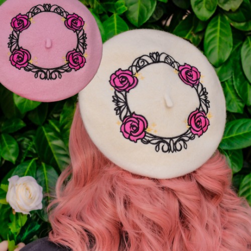 Revolutionary Rose Garden Embroidered Beret! - Add combs / Strawberry Milkshake