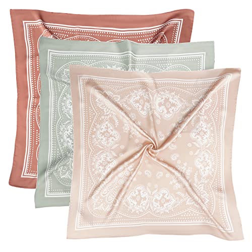 VANLINKER 27.5 Inches Silk Head Scarf for Women Men Vintage Bandanas Satin Hair Scarf Silk Wrap Neck Square Scarves VL9549 - Caramel+sage Green+oatmeal