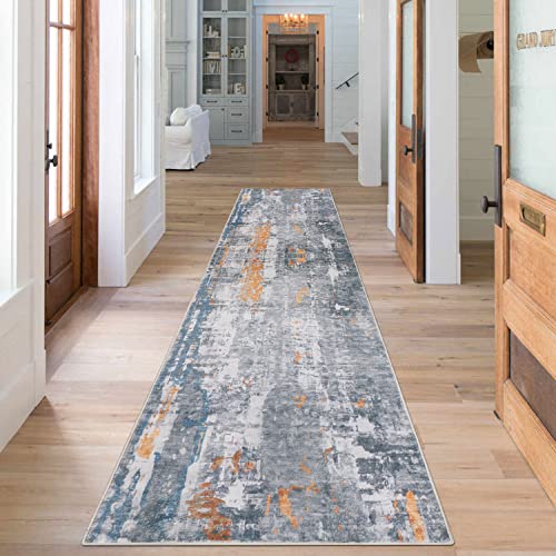 famibay Modern Abstract Runner Rugs for Hallway 2x10 Runner Rugs with Rubber Backing Washable Hallway Rug Runner Non Slip Runner Rug Long Soft Wool Carpet Floor Runners for Hallways (Gray and Rust) - 2x10ft - Grey and Rust