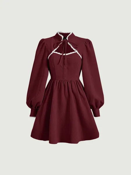 SHEIN MOD Tie Neck Lace Trim Lantern Sleeve Corduroy Dress