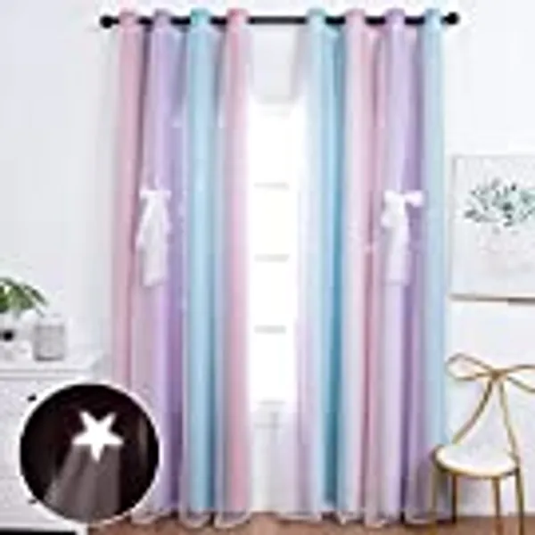 Unistar 2 Panels Blackout Stars Curtains for Kids Girls Bedroom Aesthetic Living Room Decor Colorful Double Layer Star Cut Out Stripe Pink Rainbow Window Wall Home Decoration Curtain,W52 x L63 Inches