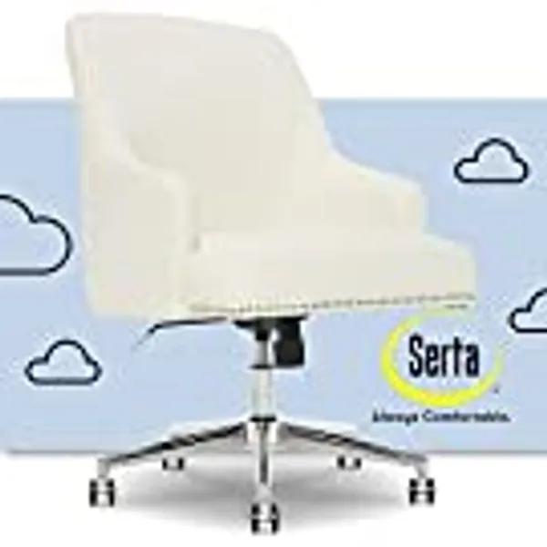 Serta Leighton Home Office Chair with Memory Foam, Height-Adjustable Desk Accent Chair with Chrome-Finished Stainless-Steel Base, Twill Fabric, Ivory