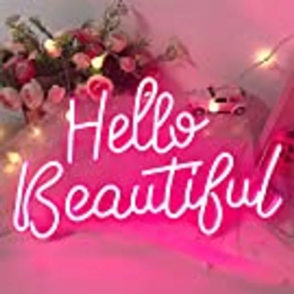 Hello Beautiful Neon Signs for Valentines Day Bedroom Home Shops Decor Holiday Party Weeding, Pink Neon Sign for Women, Friends, Size 16.6x9.8 inches by DIVATLA