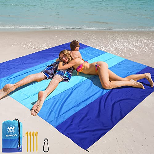 WIWIGO Beach Blanket Waterproof Sandproof Beach Mat 79" X 83" /10'x9'for 2-8 Adults Quick Drying Outdoor Picnic Mat Beach Accessories for Travel, Camping, Hiking - Blue - 79" X 83"（1-4person）
