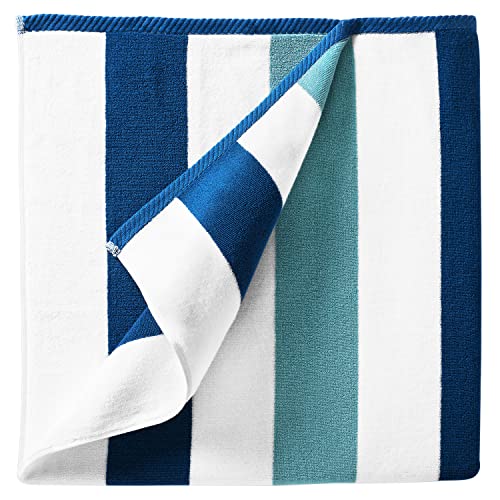 Laguna Beach Textile Co. Striped Cabana Beach Towel - Oversized, Plush 630 GSM Cotton - Marine Blue & Sea Glass Green - Classic Marine Blue & Sea Glass Green