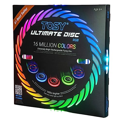 TOSY Flying Disc - 16 Million Color RGB or 36 or 360 LEDs, Extremely Bright, Smart Modes, Auto Light Up, Rechargeable, Cool Fun Christmas, Birthday & Camping Gift for Men/Boys/Teens/Kids, 175g frisbee - RGB Disc (Multi-color, white disc)