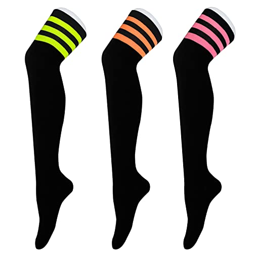Tom & Mary Women’s Thigh High Socks, Combed Cotton (85%), Non-Slip, Soft, Stripe & Solid, Over Knee Extra Long (Size 5-9) - Small-Large - Neon Stripes - Black