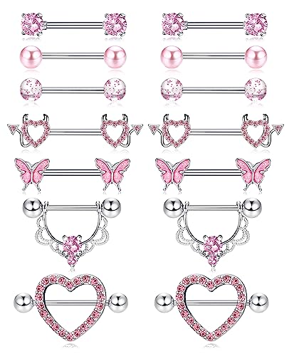 Fansilver 7 Pairs 14G Nip Rings for Women Surgical Steel Nip Piercing CZ Heart Butterfly Barbell Nip Rings Set Cute Nip Body Piercing Jewelry - A. Pink 14G Nip Rings